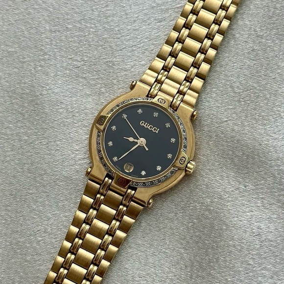 AUTHENTIC RARE GUCCI GOLD WATCH - DIAMOND HOUR MARKERS & DIAMOND CUT BEZEL